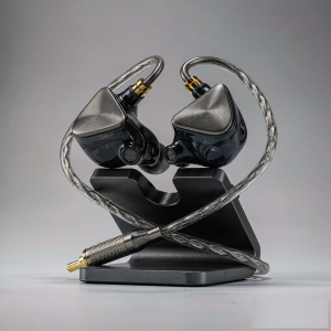 ZTONG ZT-10 reference in-ear monitor with titanium-gray CNC faceplate and black resin shell, on a dark metal display stand